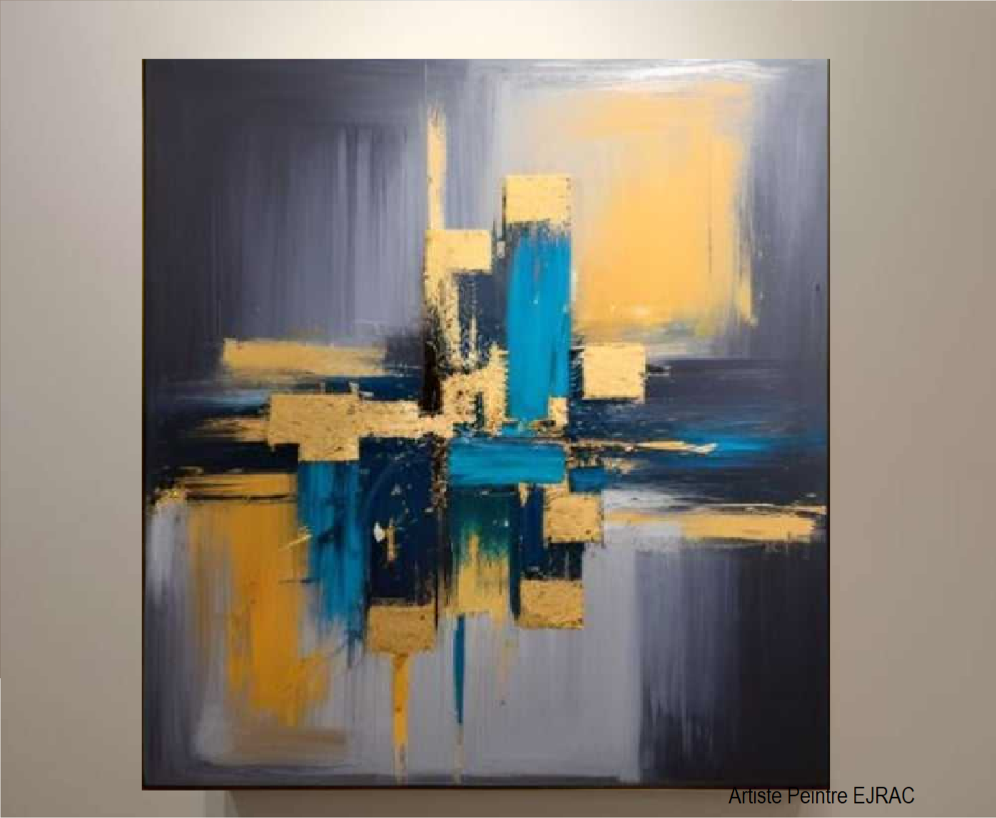 Tableau abstrait carré 60x60cm Bleu canard et gris peint main