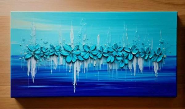 Tableau peinture fleurs bleues design panoramique 