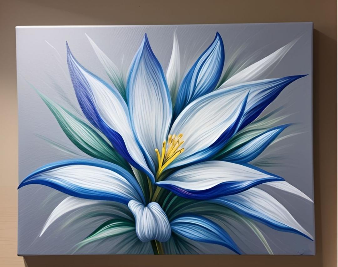 Tableau peinture gris-bleu fleur 70 par 50 cm