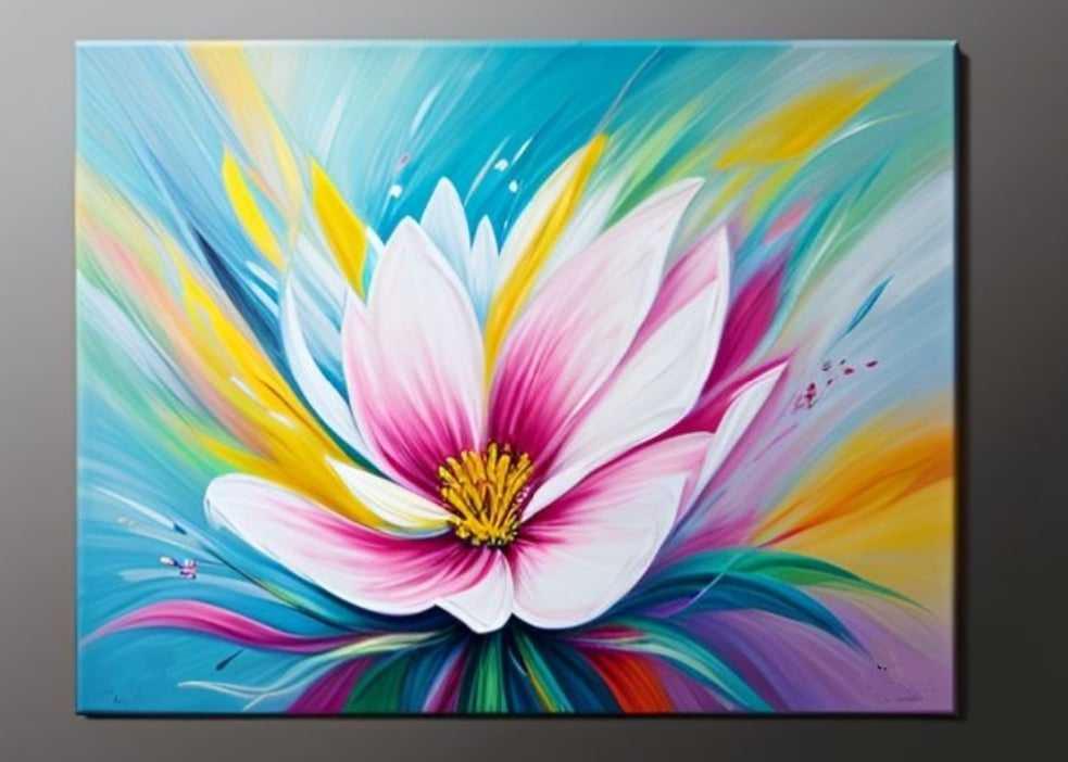 Grand tableau abstrait peinture 100 x 80 cm Fleur multicolore artiste Ejrac