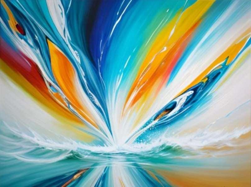 Tableau abstrait orange et bleu turquoise peint main Artiste Ejrac 