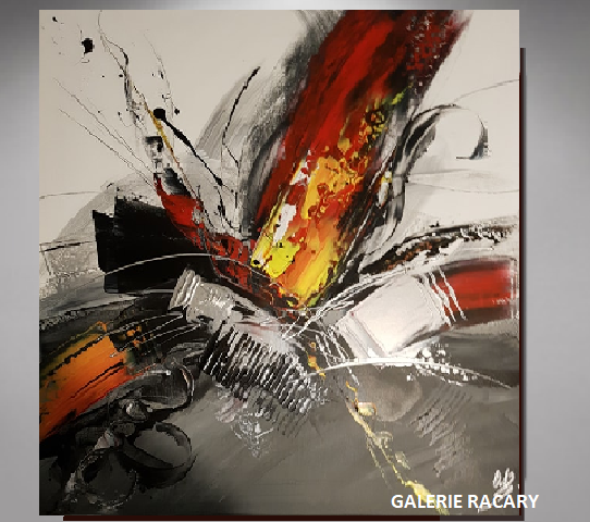 Tableau Abstrait carré rouge orangé gris 
