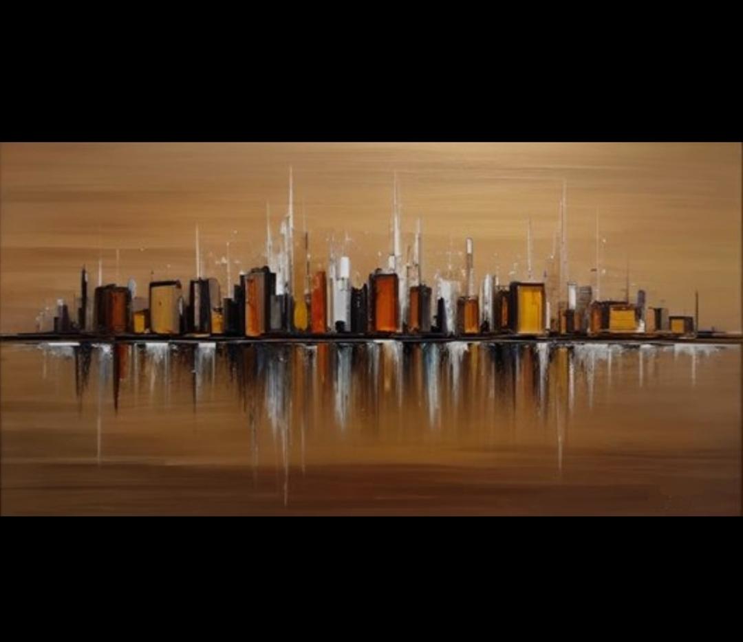 Tableau panoramique ville beige doré 100 x50 cm peint à la main artiste Ejrac