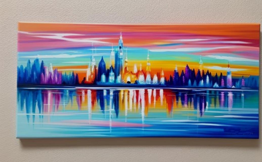 Tableau panoramique Ville colorée 100 x50 cm peint à la main artiste Ejrac