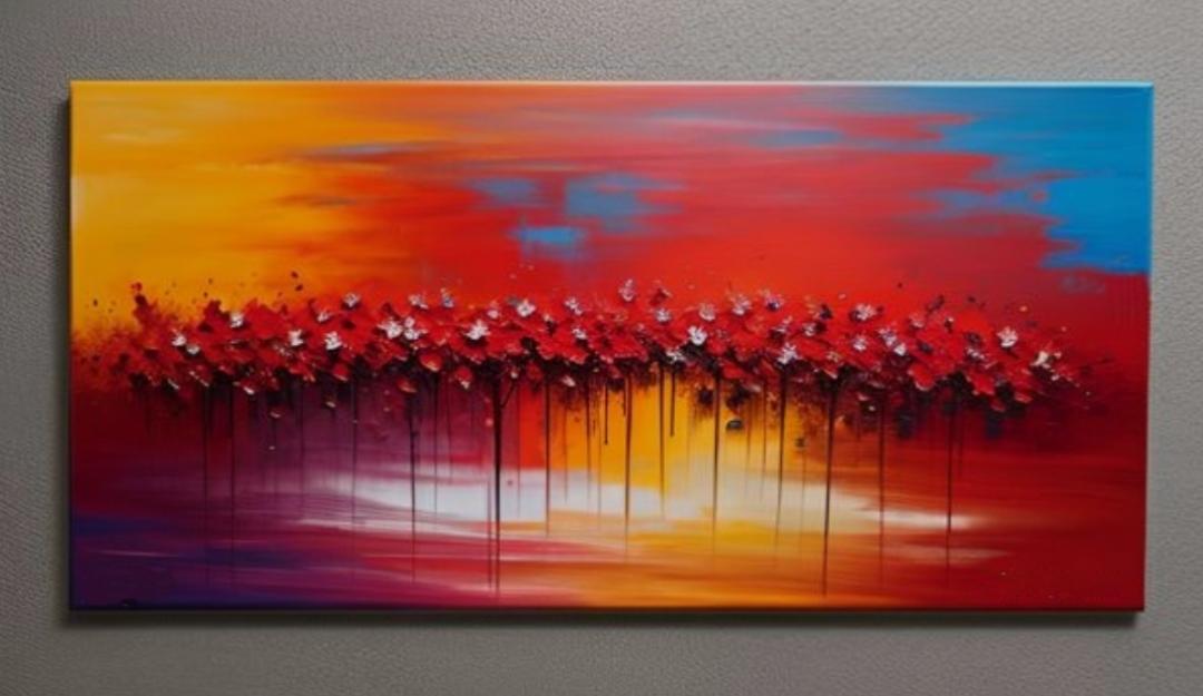 Tableau panoramique fleurs rouge orangé 75x37 cm peint à la main artiste Ejrac