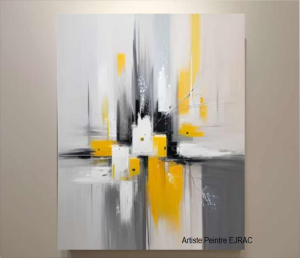 Tableau Abstrait design jaune gris peint main EJRAC