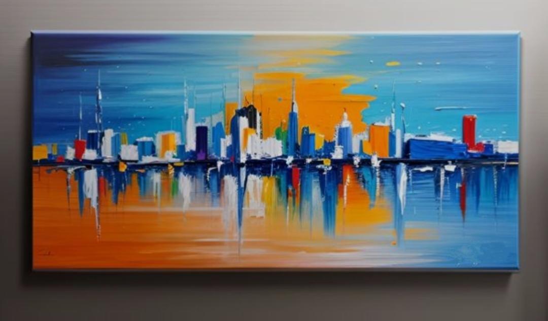 Tableau panoramique ville coucher de soleil 100 x50 cm peint à la main artiste Ejrac