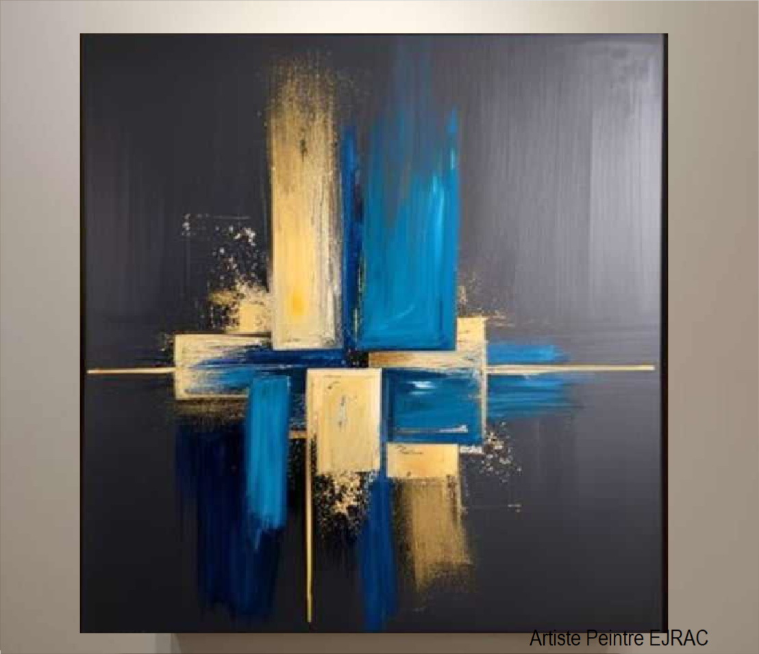 Grand tableau abstrait carré 80x80cm Bleu canard doré peint main