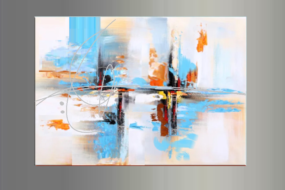Tableau peinture abstrait bleu clair orangé 
