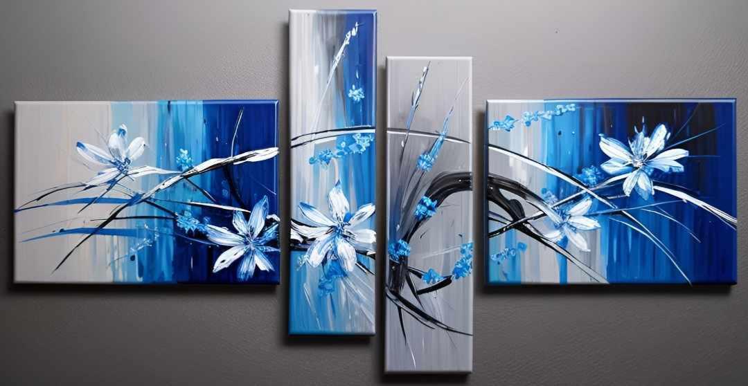 Tableau moderne bleu nuancé fleurs peint à la main Artiste Ejrac
