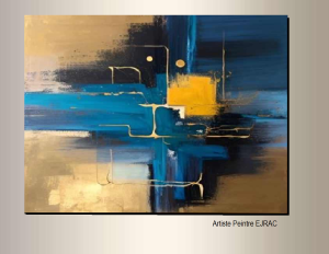 Grand tableau abstrait 120 x 80 cm Bleu canard nuancé doré XXL peint main EJRAC