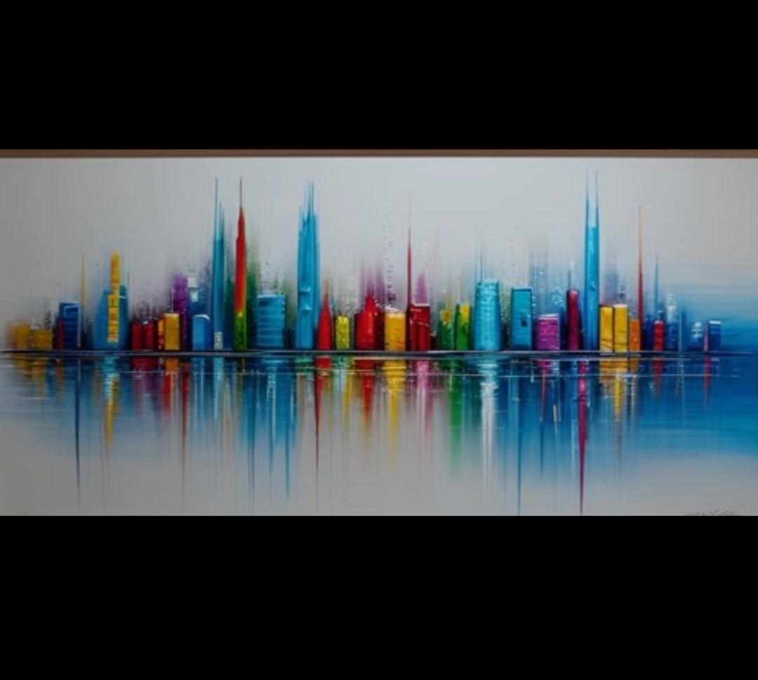 Tableau panoramique coloré ville 100 x50 cm peint à la main artiste Ejrac