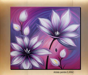 Tableau abstrait carré 60x60cm Fleurs rose violet et parme peint main