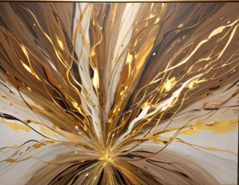 Tableau abstrait beige choco doré peint main Artiste Ejrac 