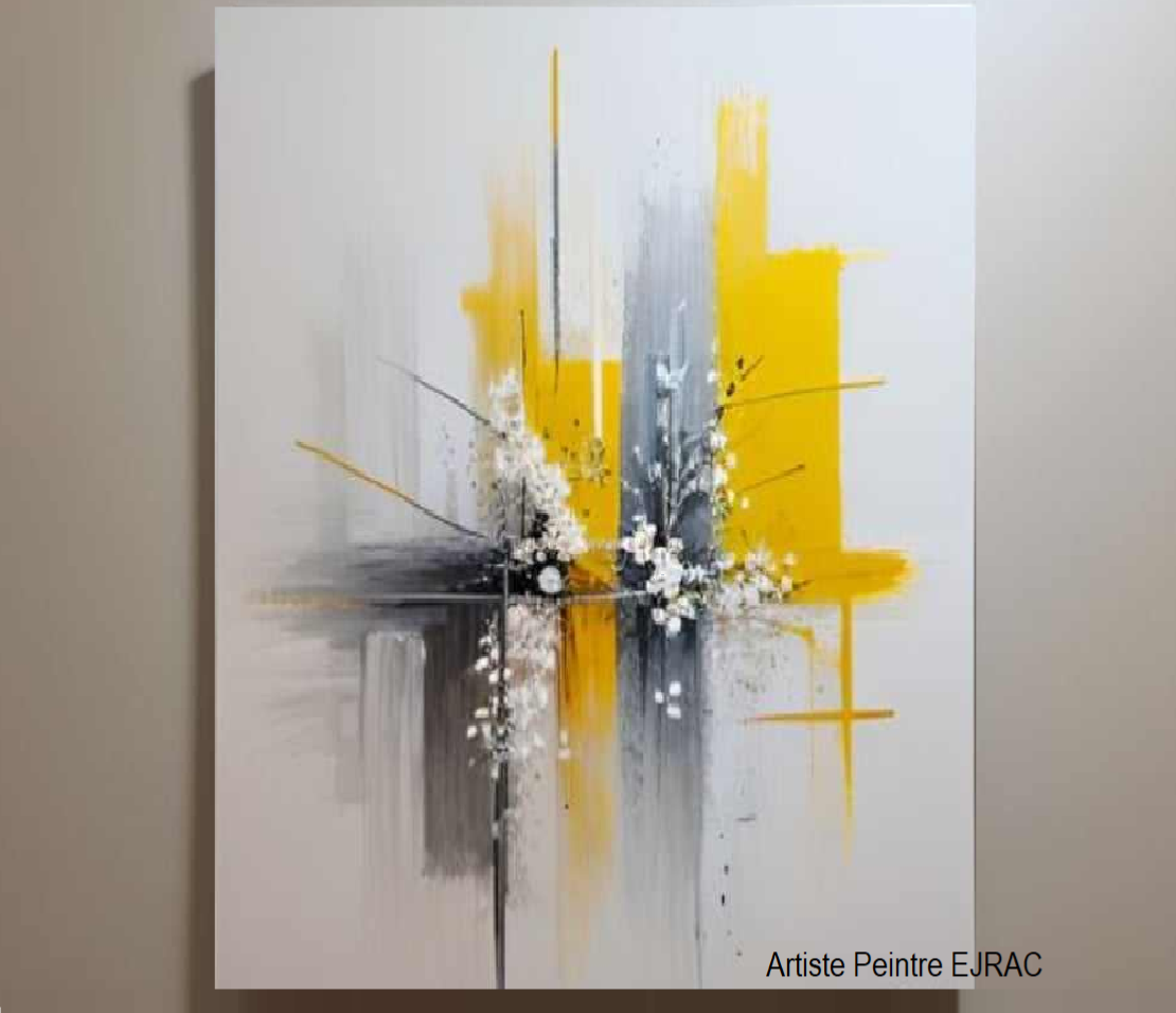Tableau Abstrait Moderne Fleurs Japon Jaune gris peint main EJRAC