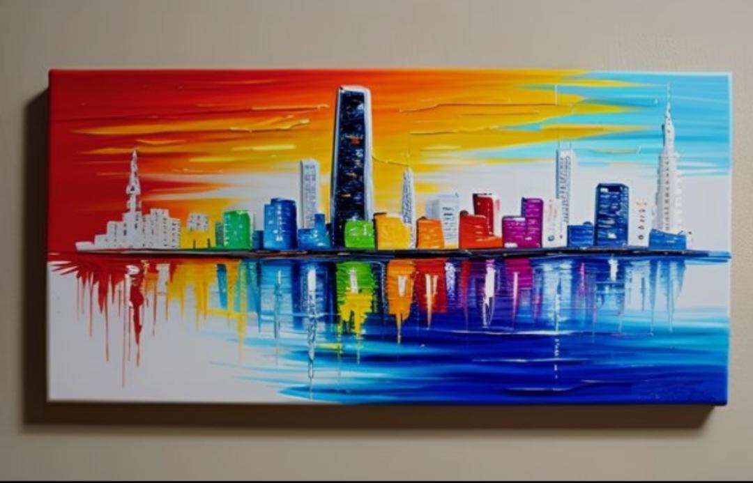 Tableau panoramique multicolore city 100 x50 cm peint à la main artiste Ejrac