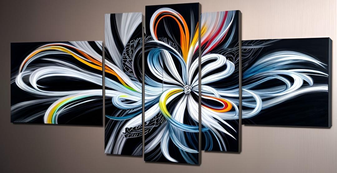 Tableau abstrait  fleur noir et multicolore peinture moderne artiste Ejrac 