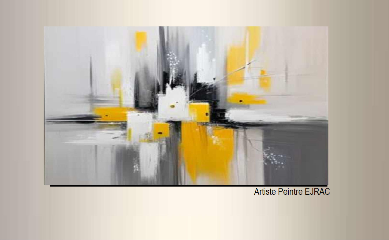 Grand tableau panoramique gris jaune abstrait peint main EJRAC