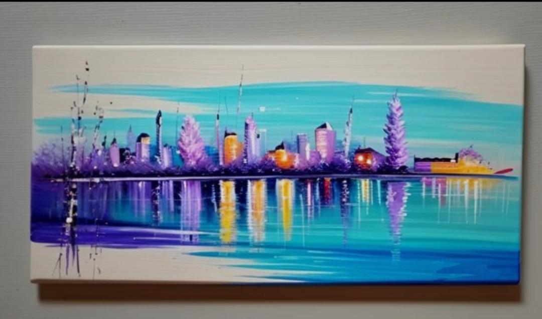Tableau panoramique coloré ville au bord de l'eau 100 x50 cm peint à la main artiste Ejrac