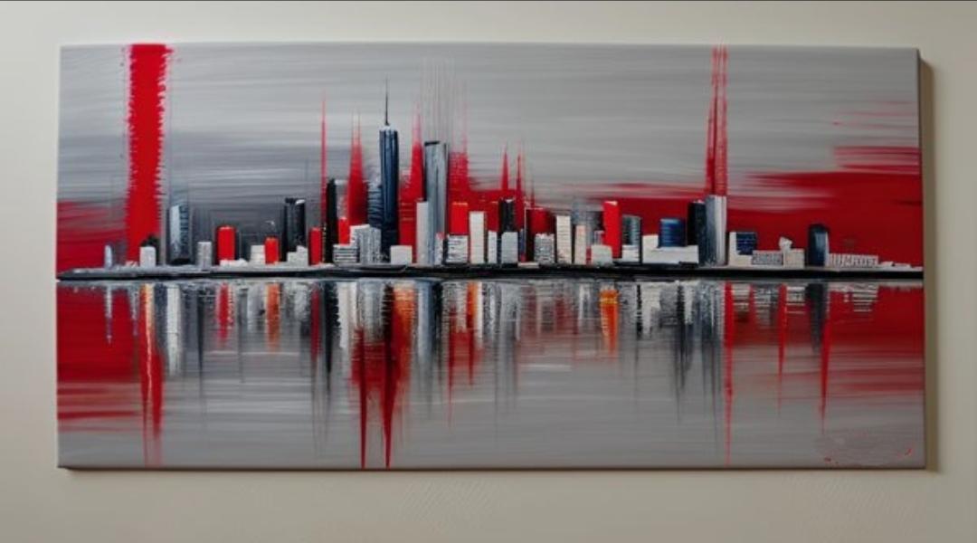 Tableau panoramique ville rouge gris 100 x50 cm peint à la main artiste Ejrac