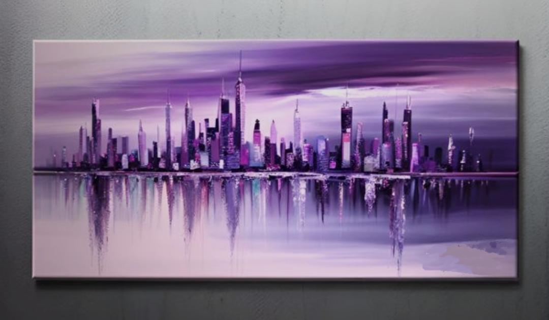 Tableau panoramique city violet 100 x50 cm peint à la main artiste Ejrac