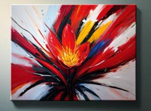 Tableau japonais fleur rouge peint main Artiste Ejrac 